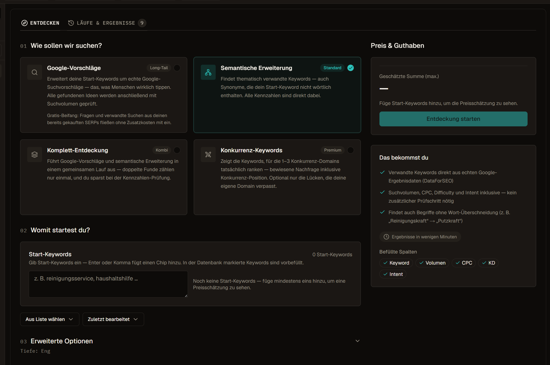Keyword discovery view with discovery methods, seed keywords, price estimate, and included data columns.