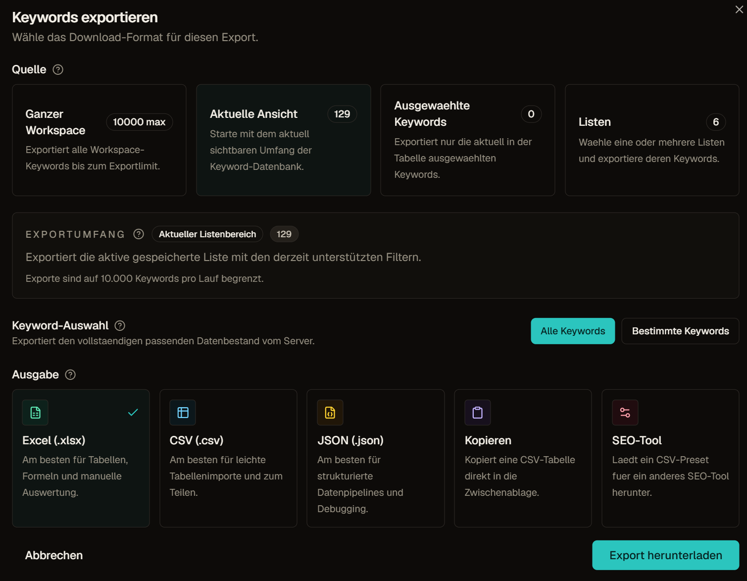 Keyword export dialog with source scope, keyword selection, output format, and download action.