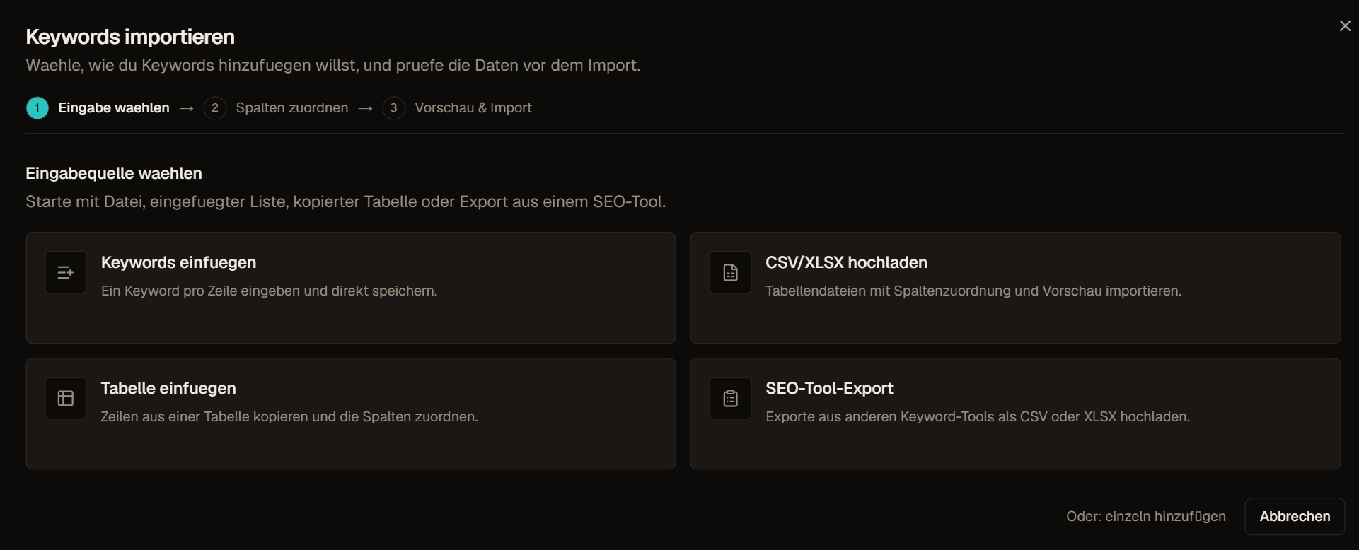 Keyword import dialog with options to paste keywords, upload CSV or XLSX, paste a table, or import an SEO tool export.